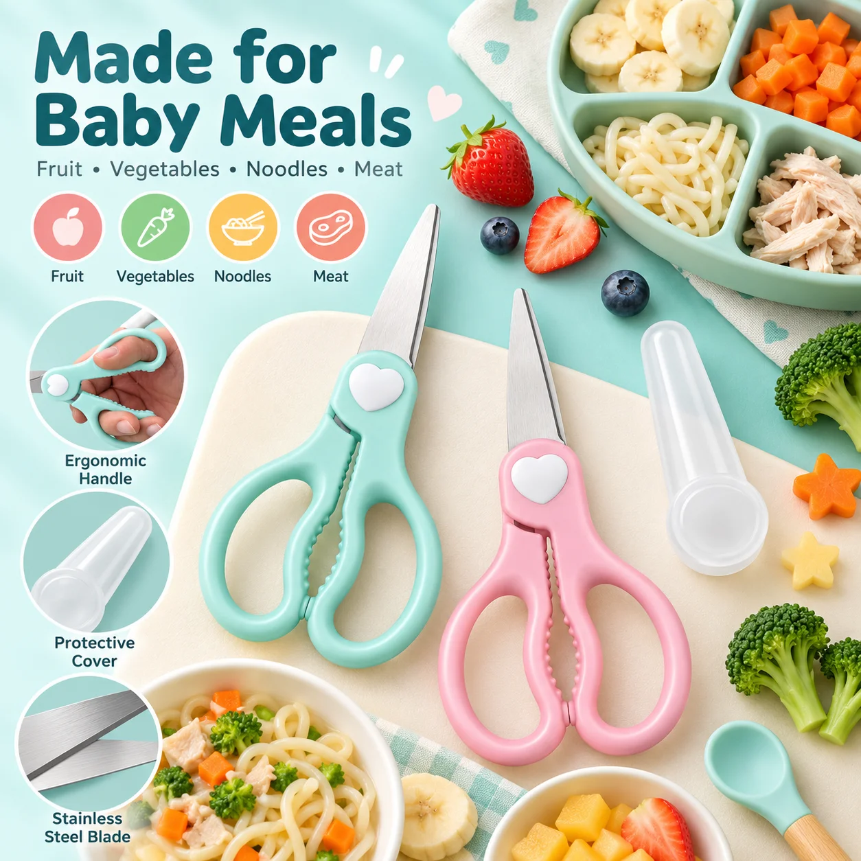 Baby Food Scissors - Draagbare schaar voor babyvoeding, roestvrijstalen voedselsnijder